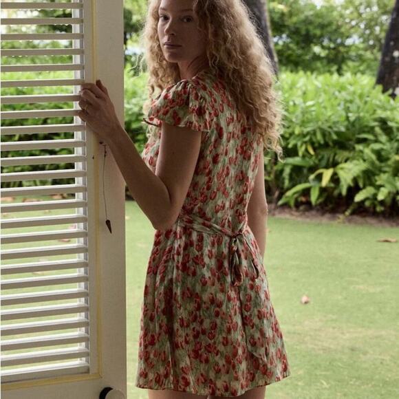 NWT Doen Kelsea Silk Rosette Floral V-Neck Short Sleeve Mini Dress Tulip Fields - Picture 7 of 16